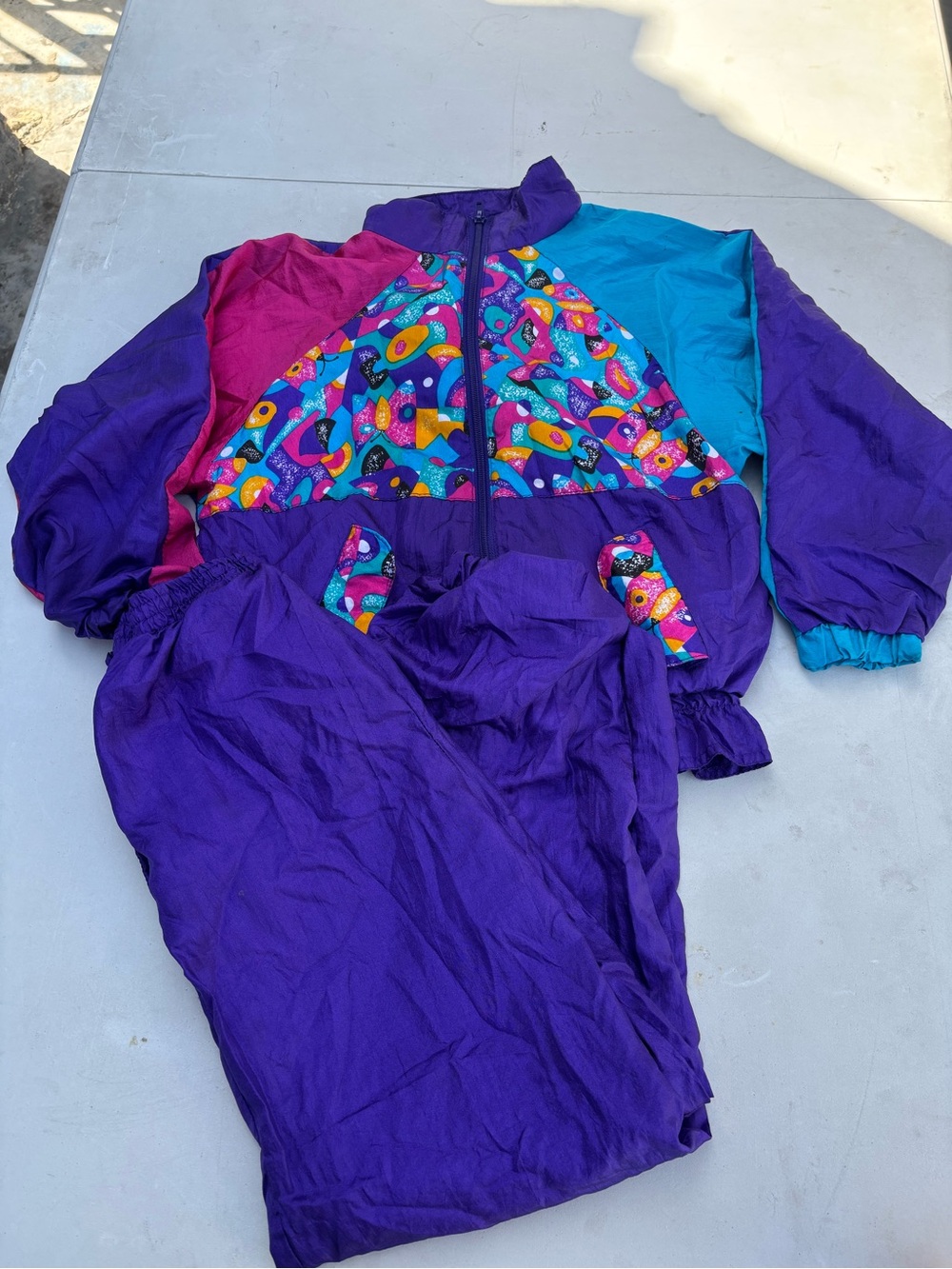Kids Purple Colorblock Pullover Hoodie with Multicolor Pattern